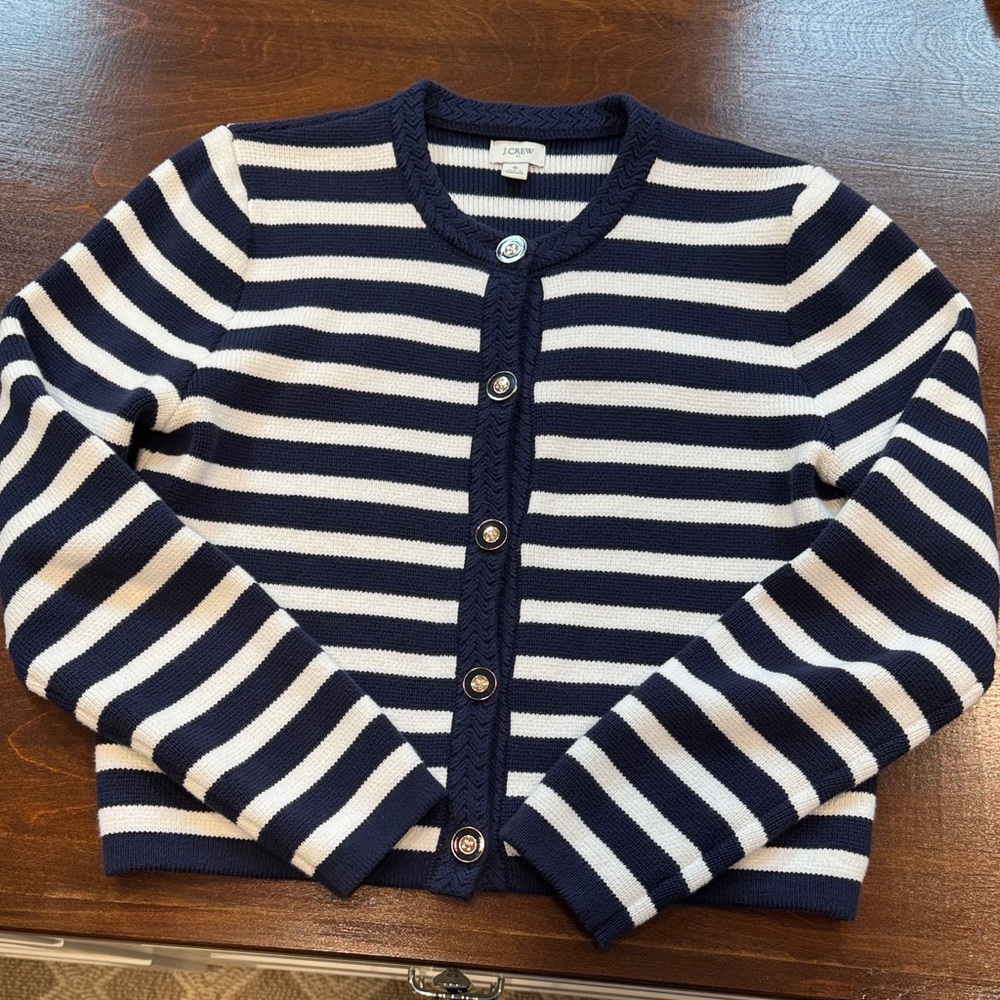J. Crew Striped Navy and White Cardigan
